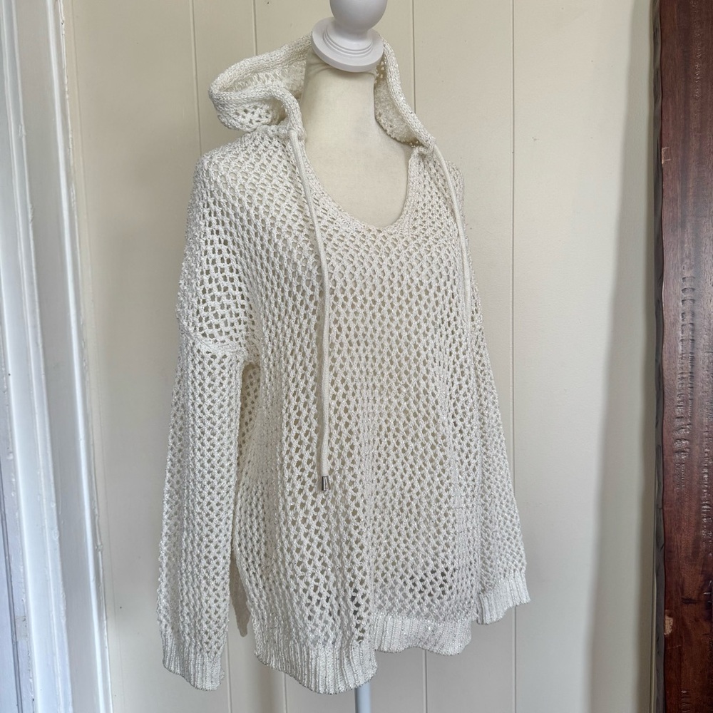 Joie Open-Weave V-Neck White Knit Hoodie Sweater M Drawstring Pullover Beach